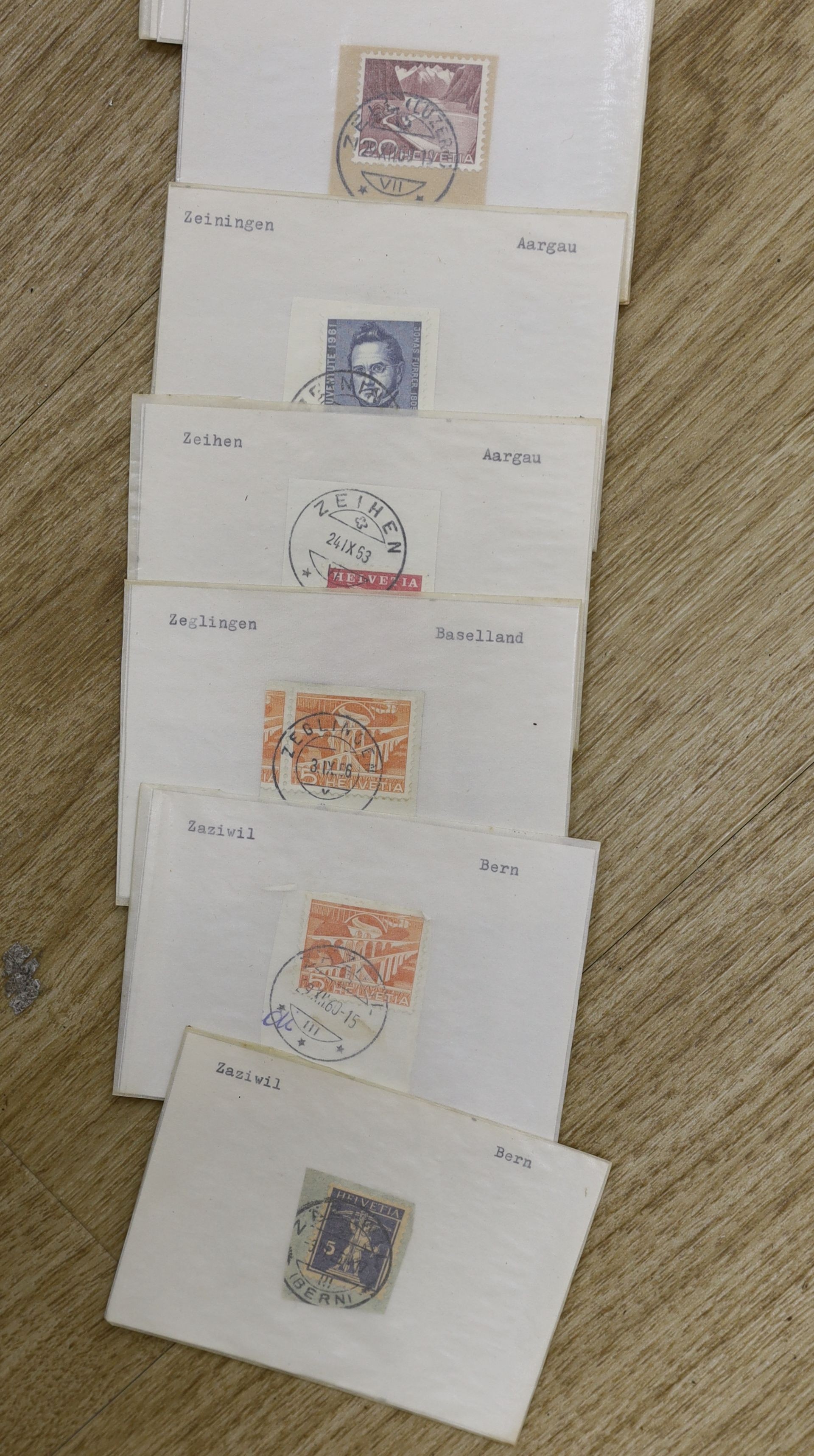 Switzerland postmarks on piece A-Z, mostly 1950's-60's in 16 file drawers, remarkable assembly looks like every post office operating at the time (two boxes)